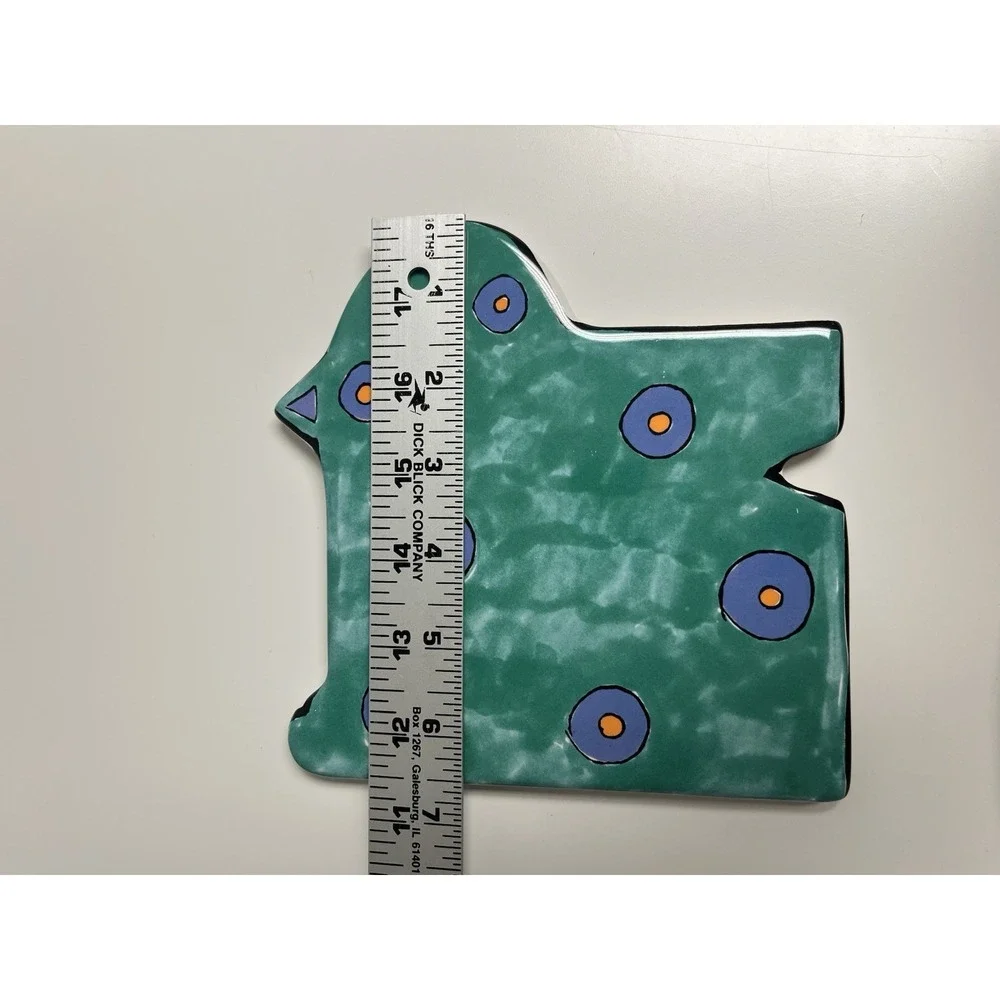Vtg Ceramic Cat Trivet Porta Annee Goodchild Teal Spots Footed Plate‎ Eccentric